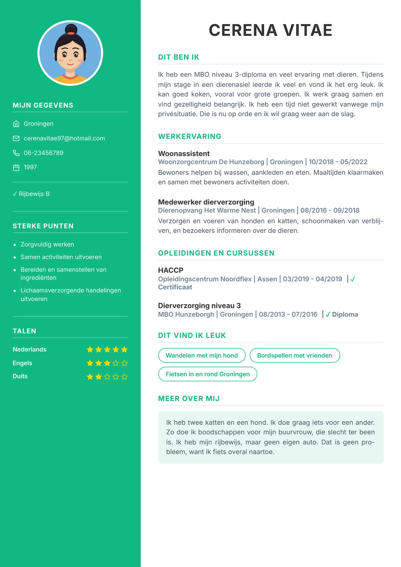 Het cv van Cerena Vitae op één pagina, in de basisvariant.